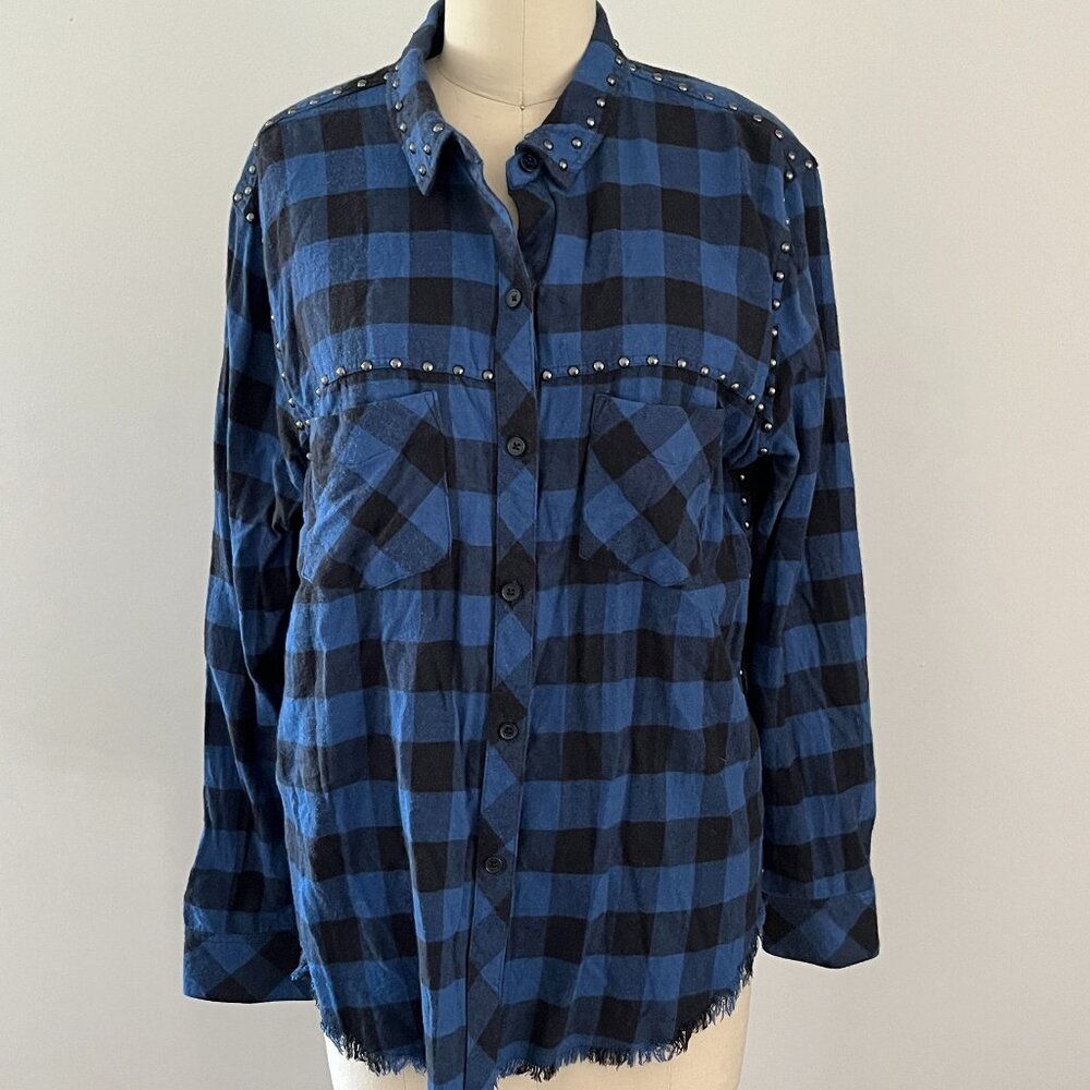 Rails Women’s Blue Black Buffalo Plaid Studded Flannel Button Down Raw Hem Top M